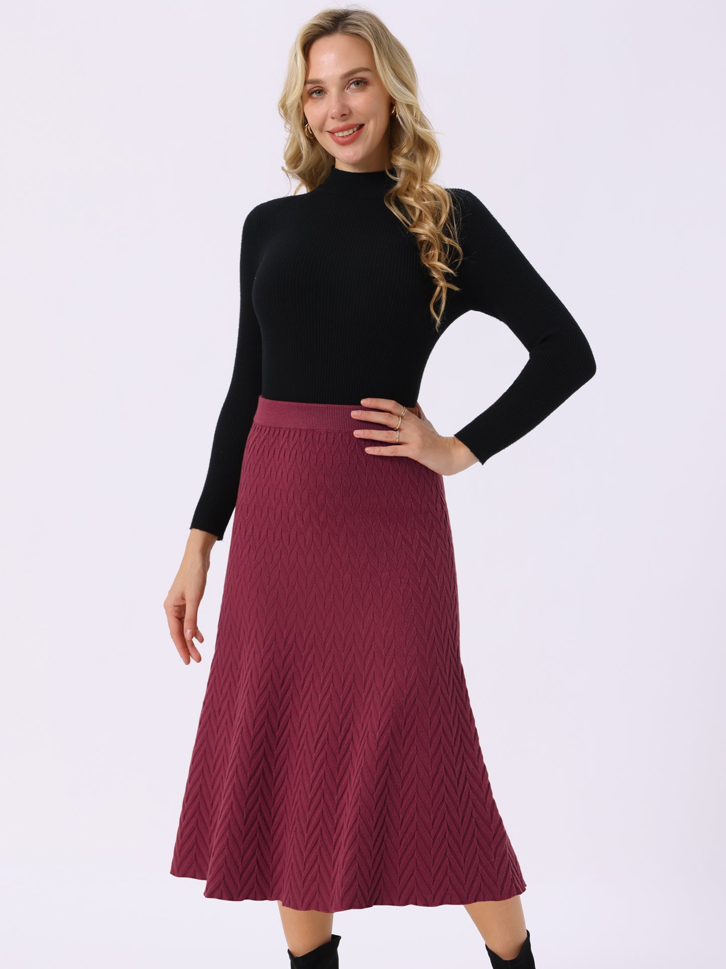 Women's Ribbed Knit A-Line Skirts Elastic High Waist Stretchy Sweater Midi Skirt