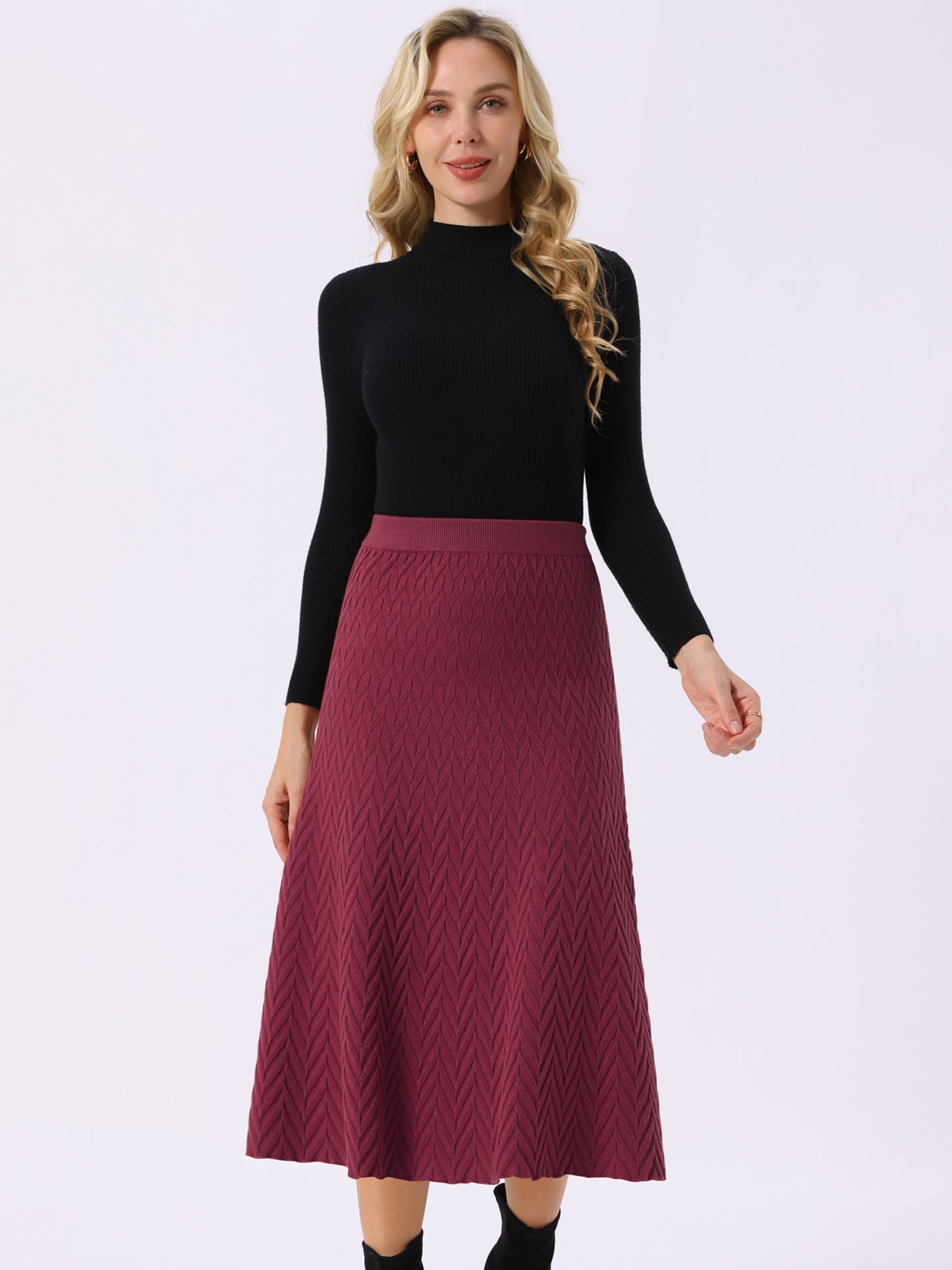 Women's Ribbed Knit A-Line Skirts Elastic High Waist Stretchy Sweater Midi Skirt