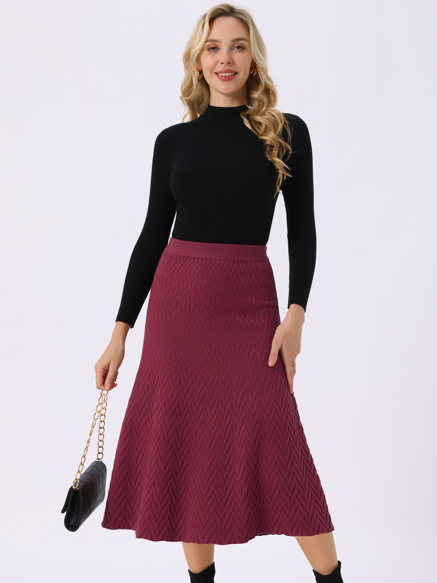Women's Ribbed Knit A-Line Skirts Elastic High Waist Stretchy Sweater Midi Skirt