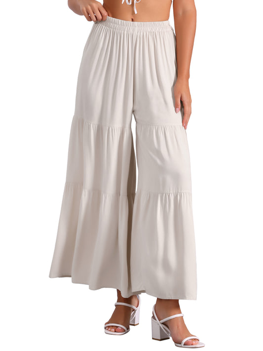 Women's Boho Elastic High Waisted Ruffles Flare Palazzo Wide Leg Pants