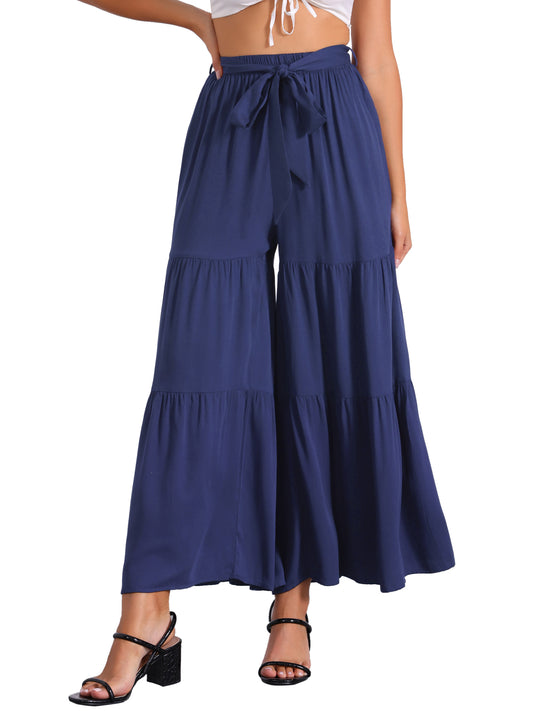 Women's Boho Elastic High Waisted Ruffles Flare Palazzo Wide Leg Pants