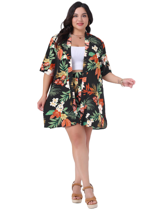 Women Plus Size 2 Piece Outfit Tropical Print Kimono Floral Top and Shorts Set