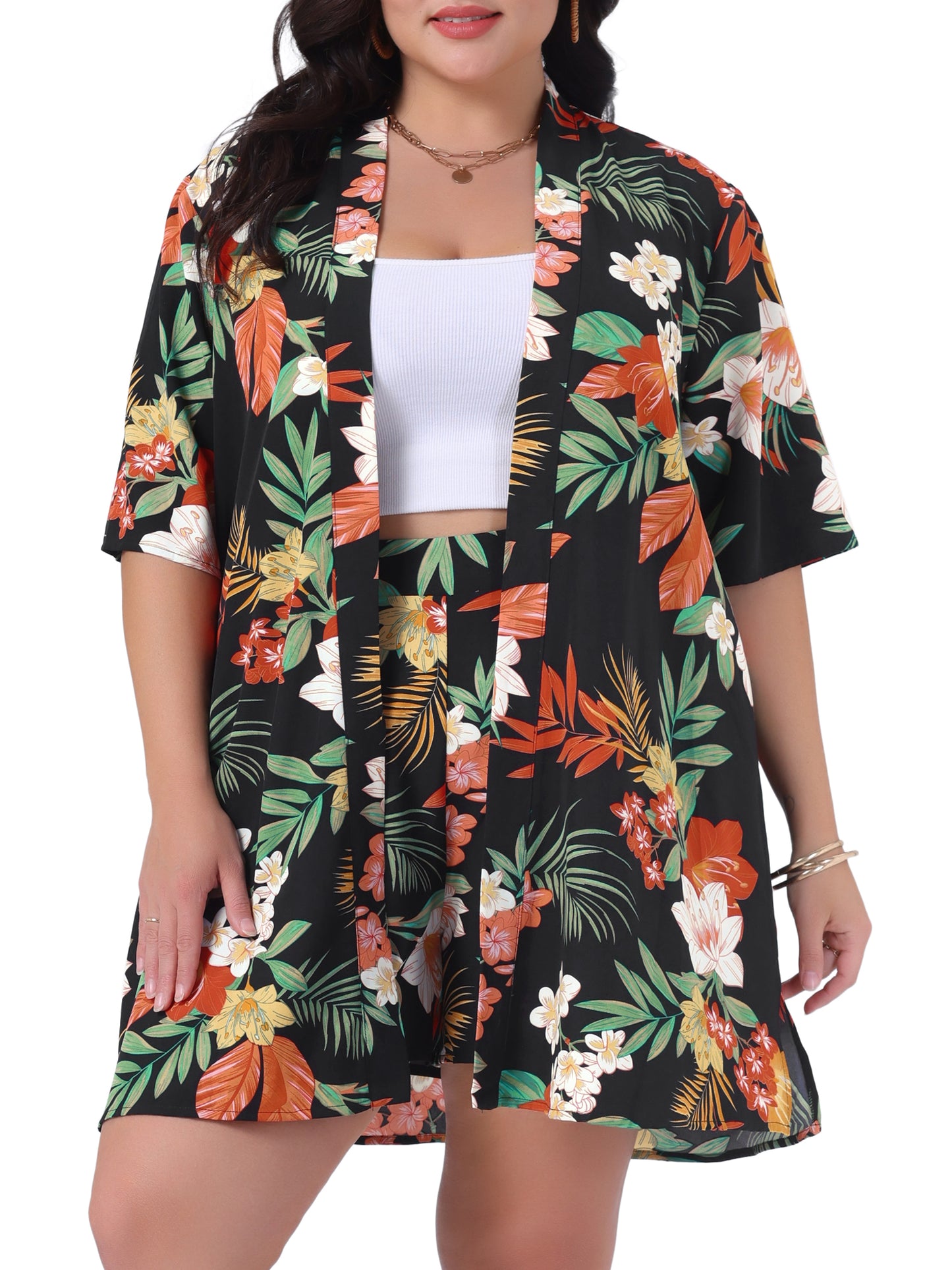 Women Plus Size 2 Piece Outfit Tropical Print Kimono Floral Top and Shorts Set