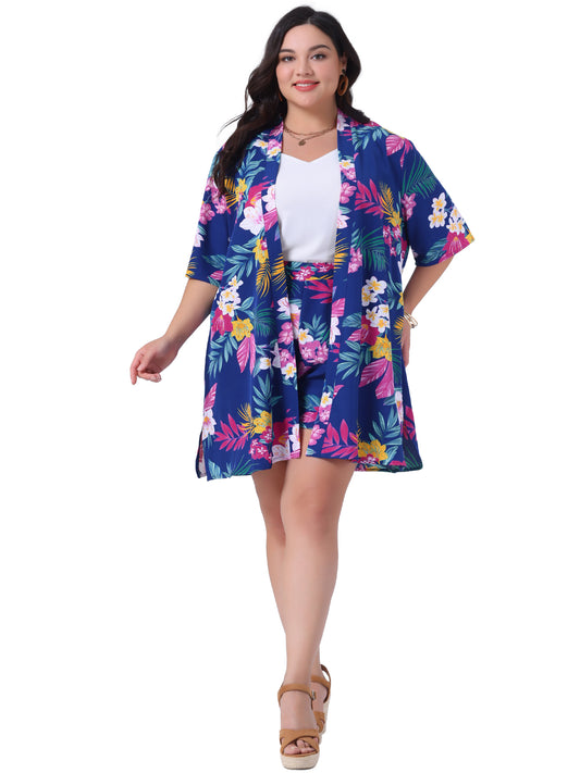 Women Plus Size 2 Piece Outfit Tropical Print Kimono Floral Top and Shorts Set