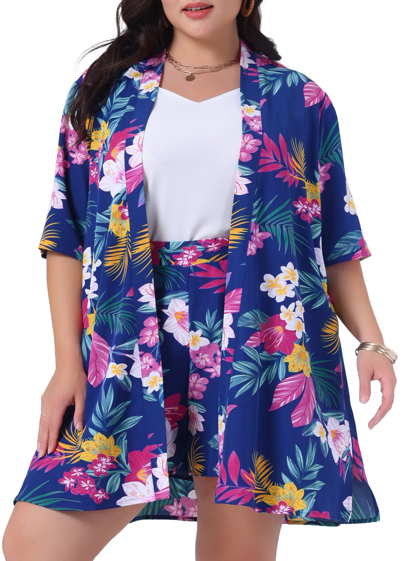 Women Plus Size 2 Piece Outfit Tropical Print Kimono Floral Top and Shorts Set