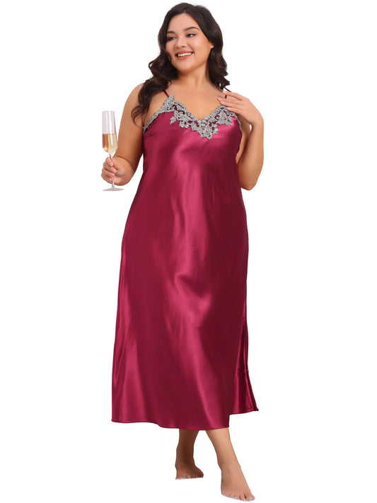 Women's Plus Size Nightgown Silk Satin Lingerie Slips Sleepwear Chemise Maxi Nightdress