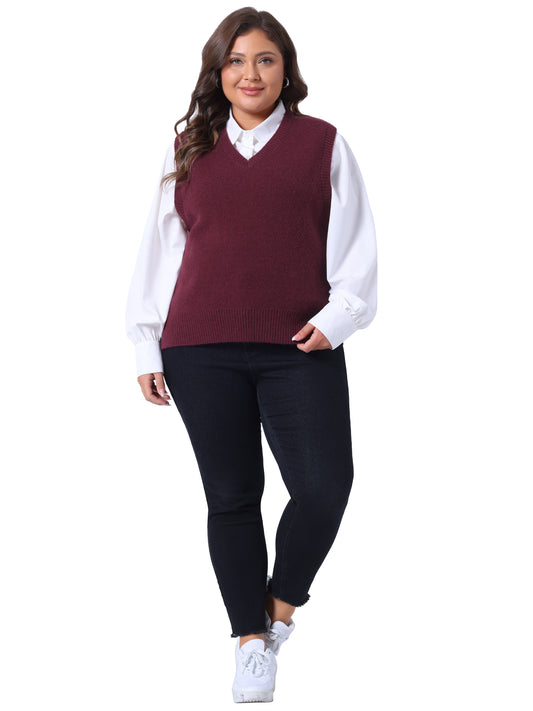 Women Plus Size Sweater Vest V Neck Knit Vests Solid Classic Sleeveless Pullover Sweaters Tops