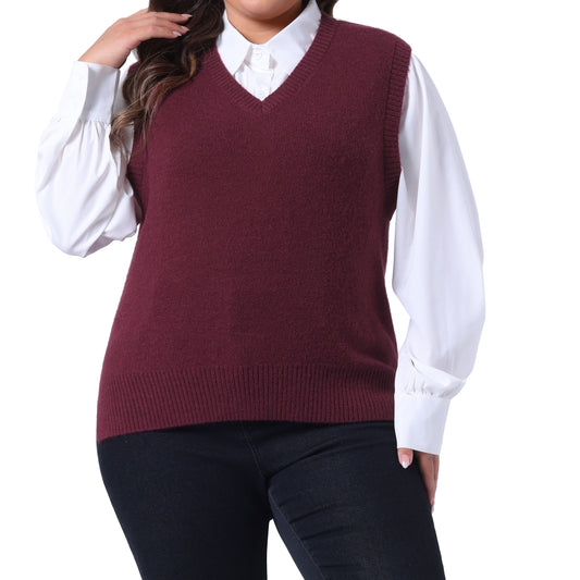 Women Plus Size Sweater Vest V Neck Knit Vests Solid Classic Sleeveless Pullover Sweaters Tops