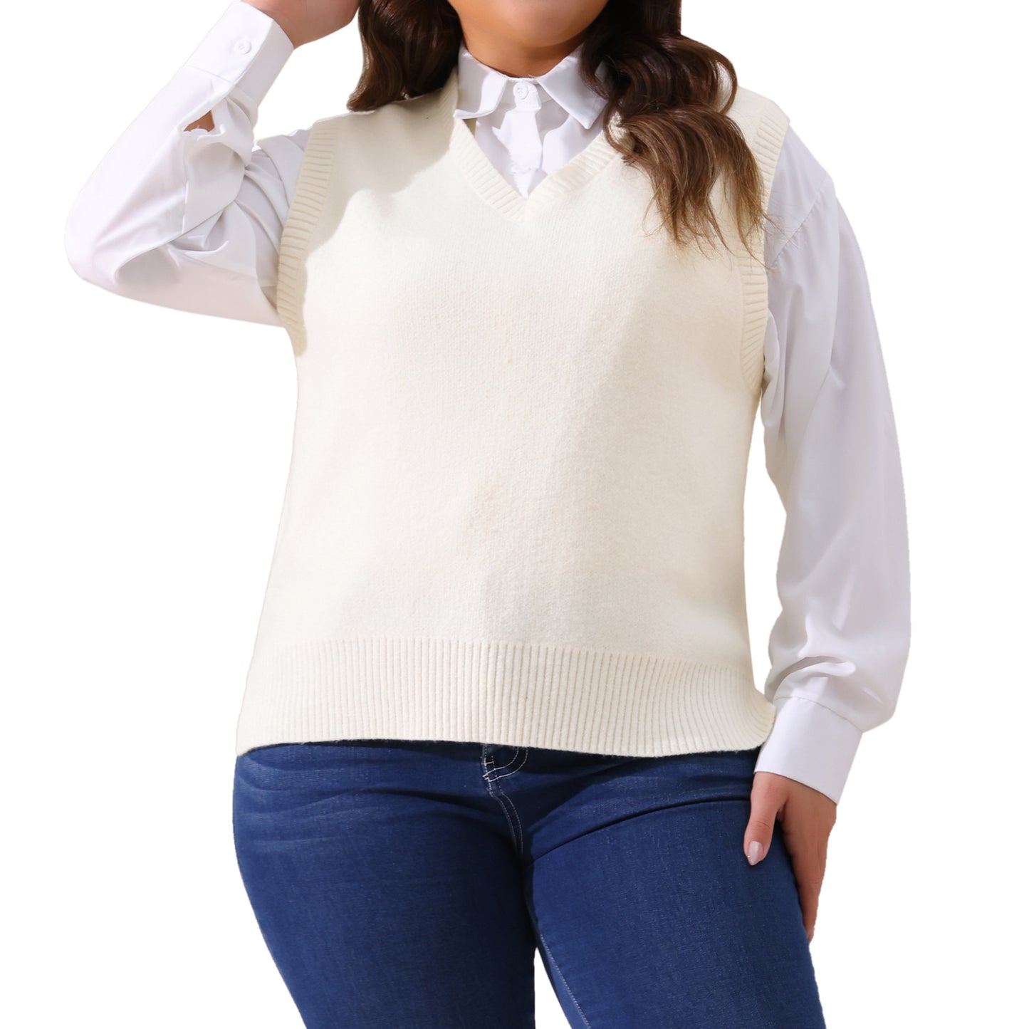 Women Plus Size Sweater Vest V Neck Knit Vests Solid Classic Sleeveless Pullover Sweaters Tops