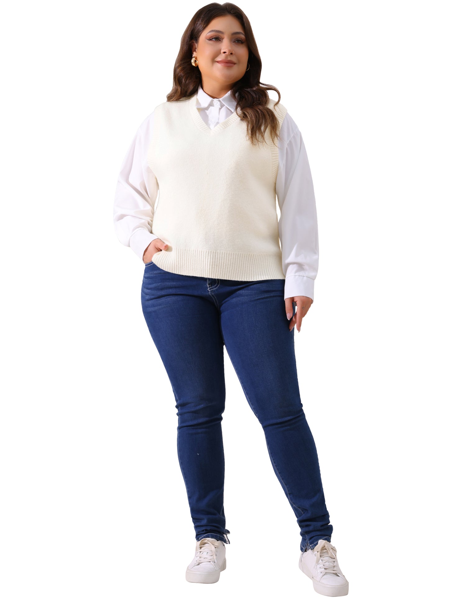 Women Plus Size Sweater Vest V Neck Knit Vests Solid Classic Sleeveless Pullover Sweaters Tops