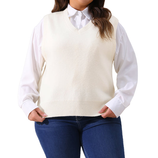 Women Plus Size Sweater Vest V Neck Knit Vests Solid Classic Sleeveless Pullover Sweaters Tops
