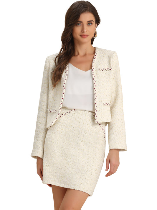 Women's Two Piece Business Tweed Collarless Blazer and Mini Skirt Set