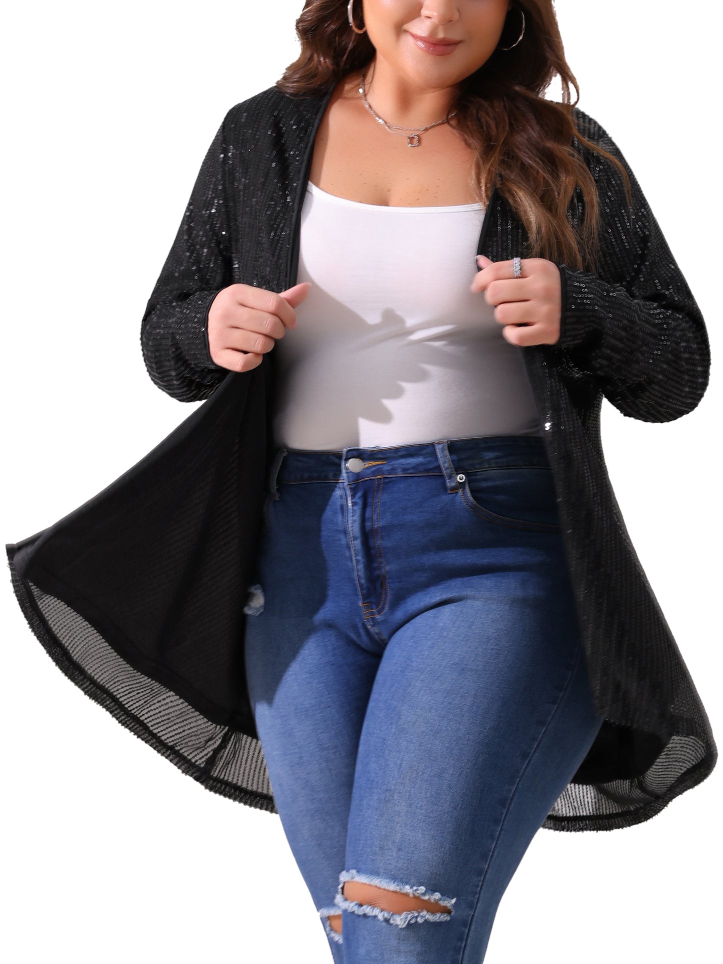 Cárdigans de lentejuelas de talla grande para mujer, chaquetas brillantes de manga larga con abertura frontal y brillo.