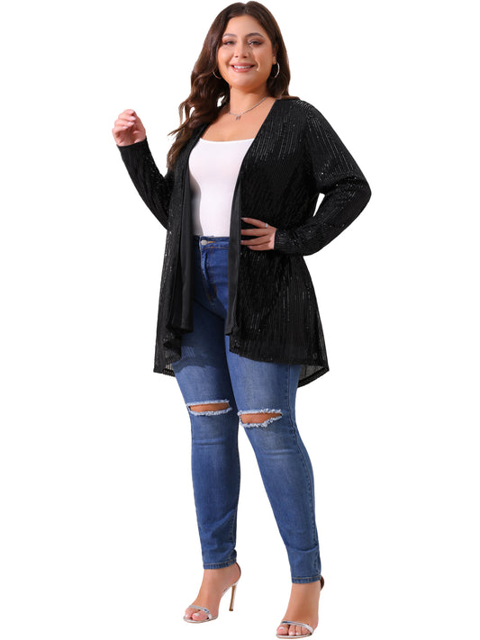 Cárdigans de lentejuelas de talla grande para mujer, chaquetas brillantes de manga larga con abertura frontal y brillo.