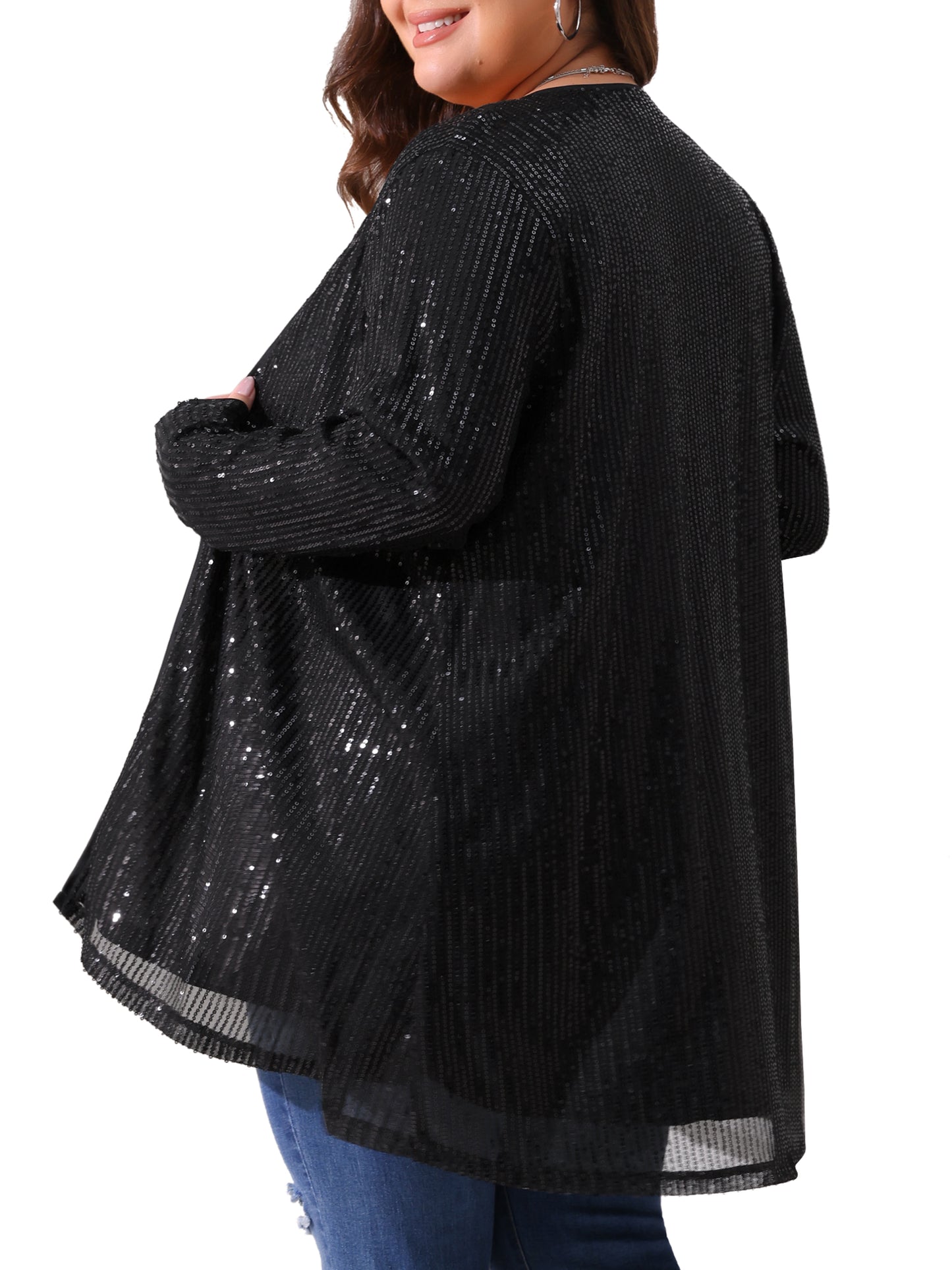 Cárdigans de lentejuelas de talla grande para mujer, chaquetas brillantes de manga larga con abertura frontal y brillo.
