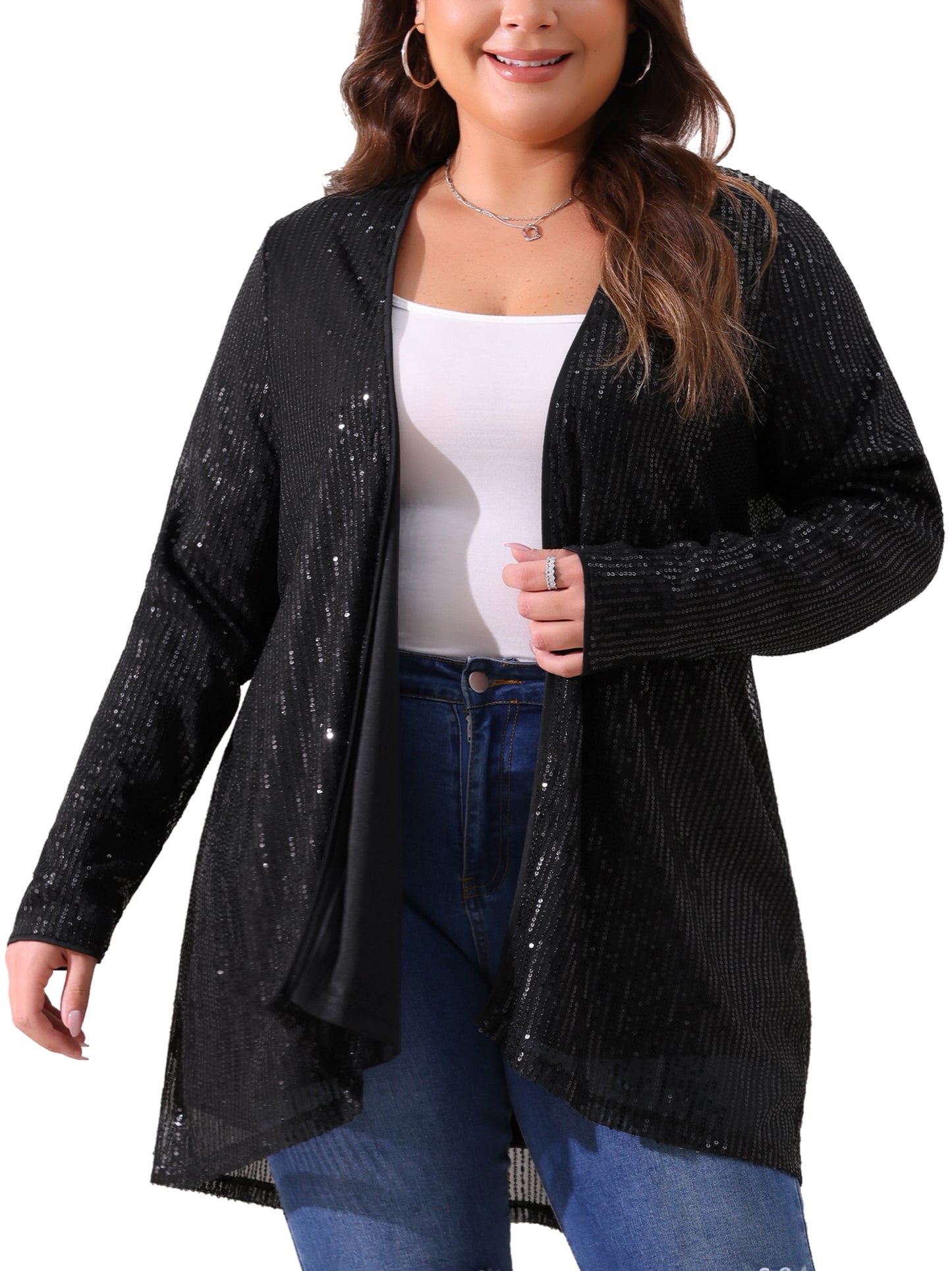 Cárdigans de lentejuelas de talla grande para mujer, chaquetas brillantes de manga larga con abertura frontal y brillo.