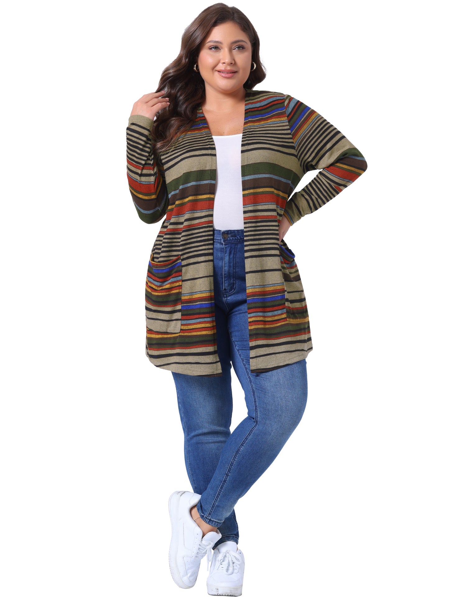 Women Plus Size Cardigan Open Front Long Sleeve Contrast Color Stripe with Pocket Cardigans