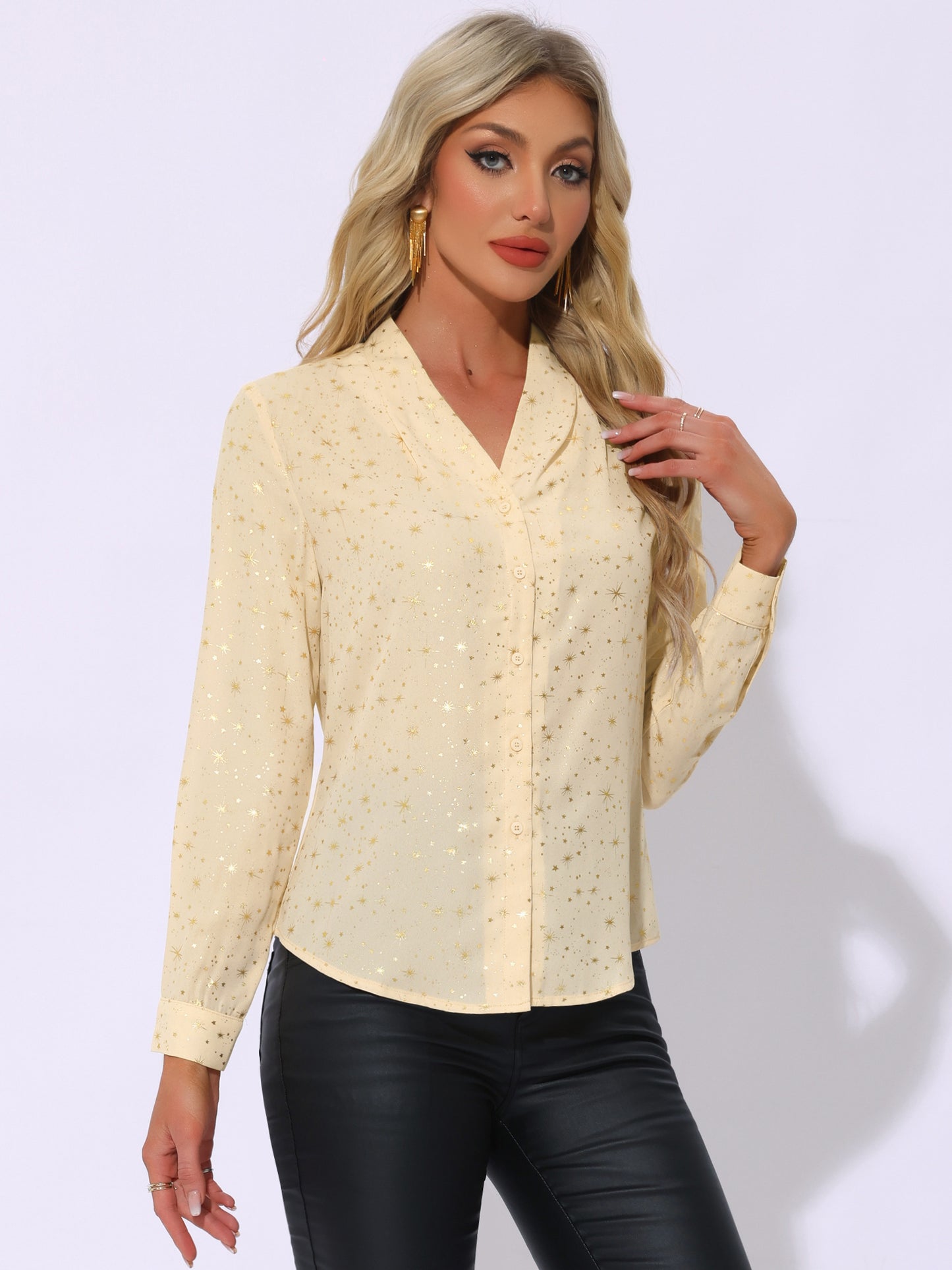 Women's Metallic Patterned V Neck Long Sleeve Gilding Sparkly Shirt (Available in Plus Size)