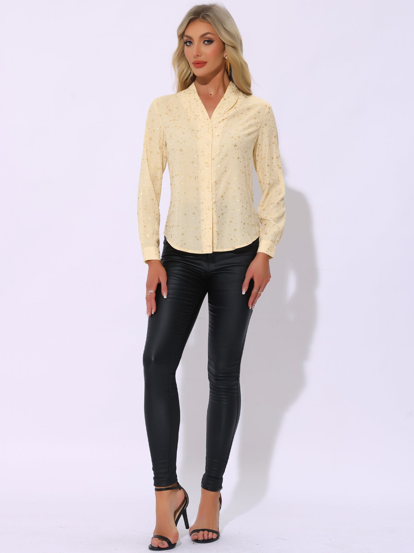 Women's Metallic Patterned V Neck Long Sleeve Gilding Sparkly Shirt (Available in Plus Size)