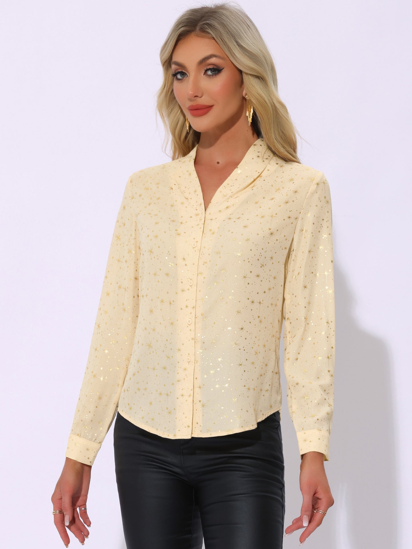 Women's Metallic Patterned V Neck Long Sleeve Gilding Sparkly Shirt (Available in Plus Size)