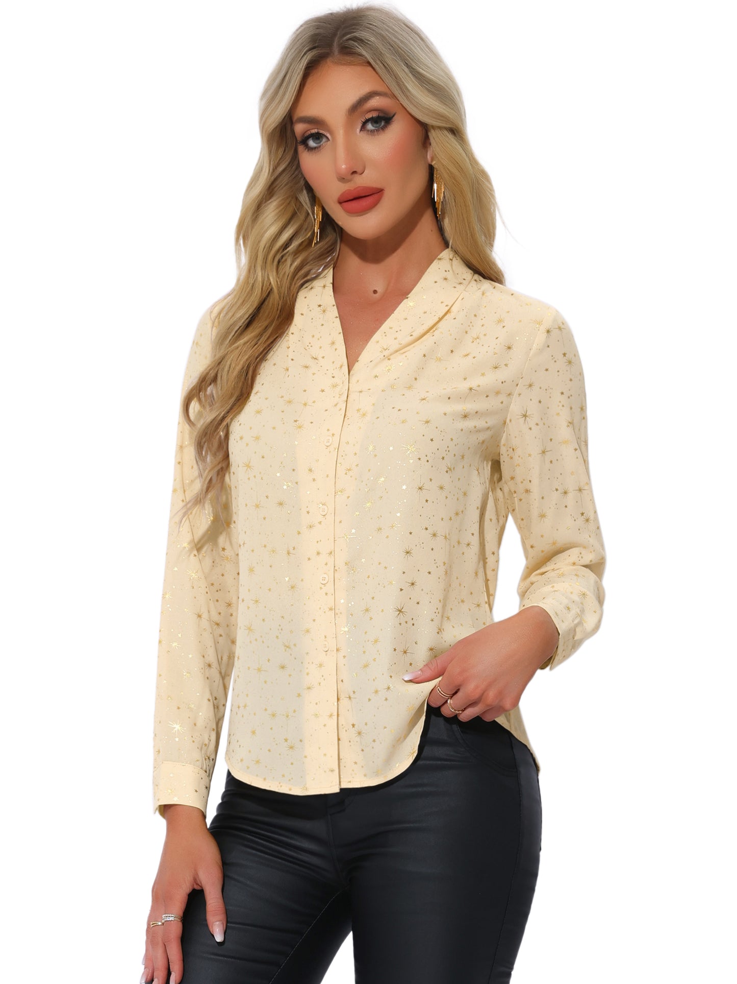 Women's Metallic Patterned V Neck Long Sleeve Gilding Sparkly Shirt (Available in Plus Size)