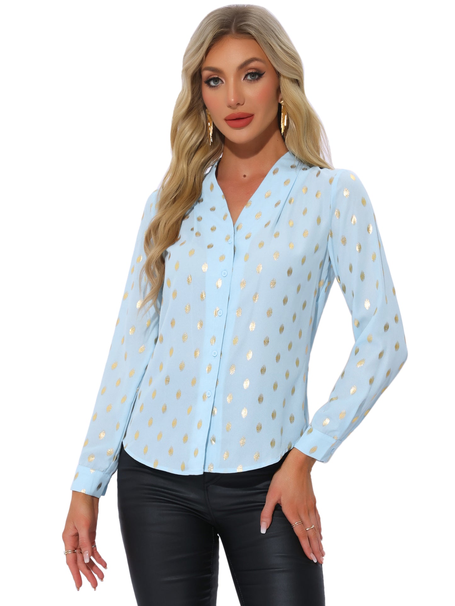 Women's Metallic Patterned V Neck Long Sleeve Gilding Sparkly Shirt (Available in Plus Size)
