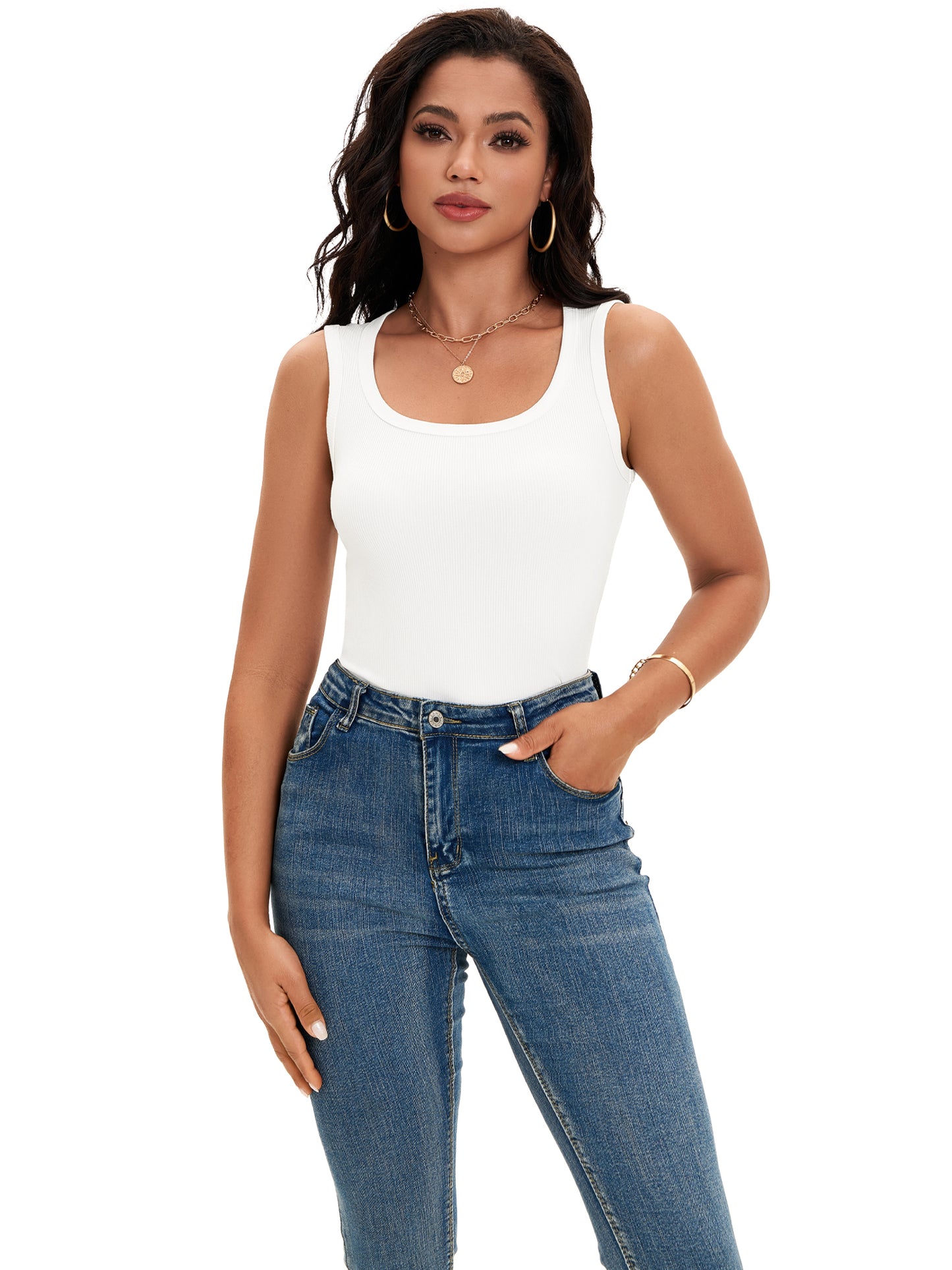 Top informal básico ajustado sin mangas con cuello redondo y canalé para mujer