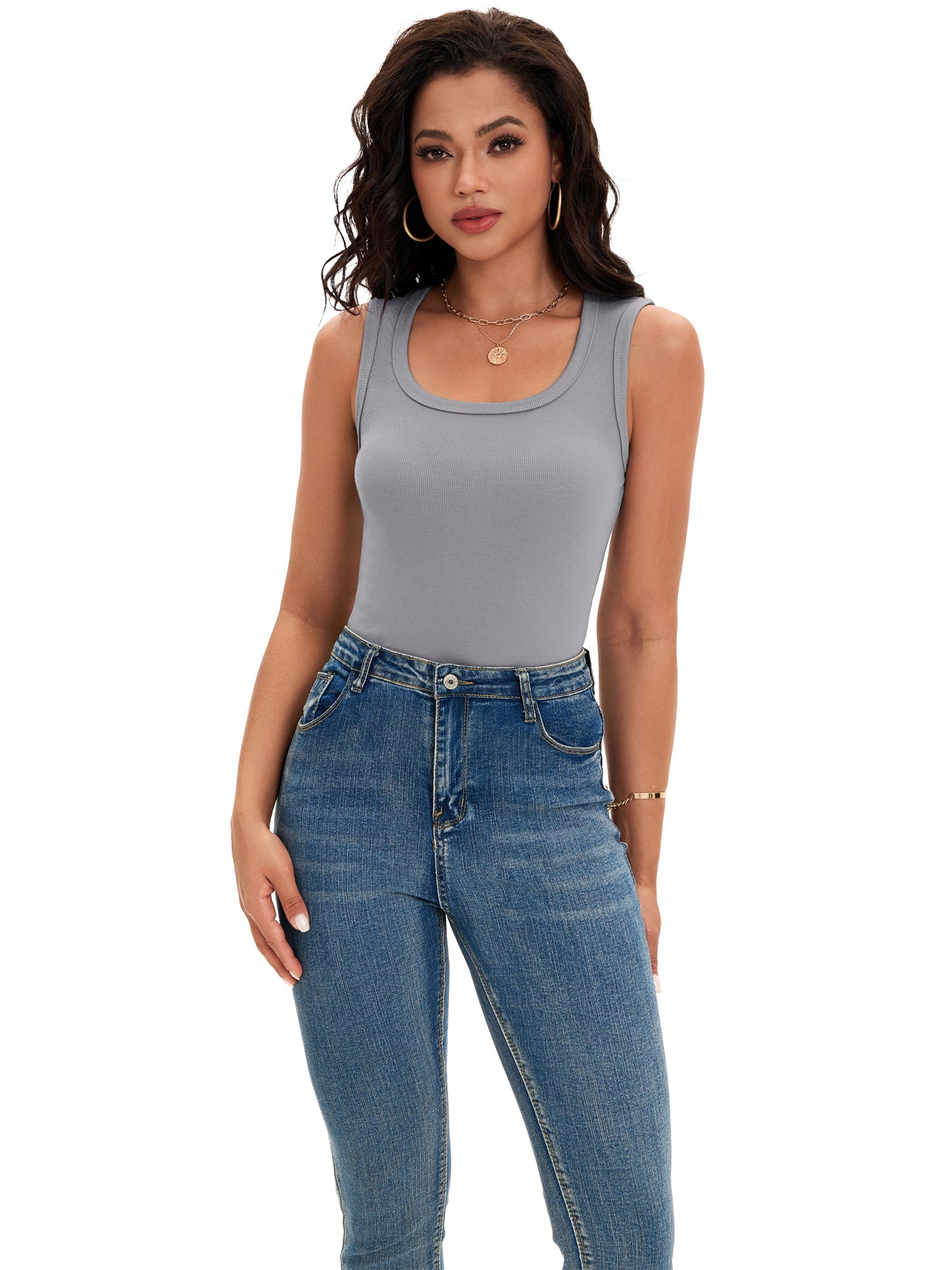 Top informal básico ajustado sin mangas con cuello redondo y canalé para mujer