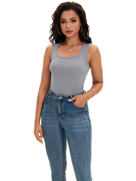 Top informal básico ajustado sin mangas con cuello redondo y canalé para mujer