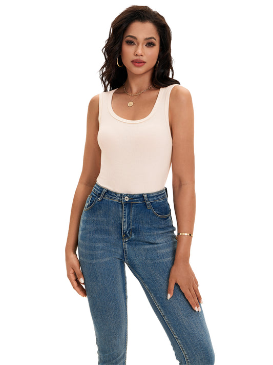 Top informal básico ajustado sin mangas con cuello redondo y canalé para mujer