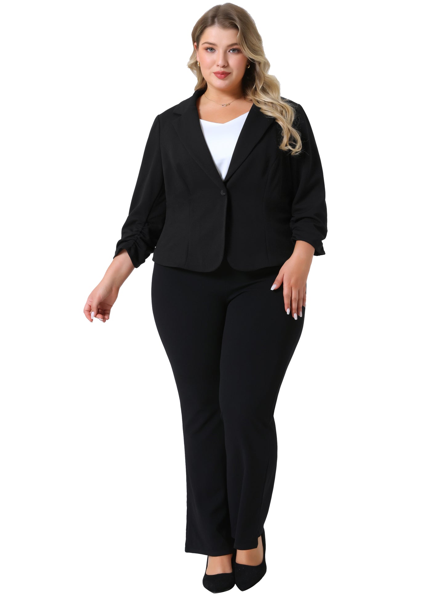 Women Plus Size Casual Blazers 3/4 Ruched Sleeve Notch Lapel Work Office Lightweight Crop Suit Blazer