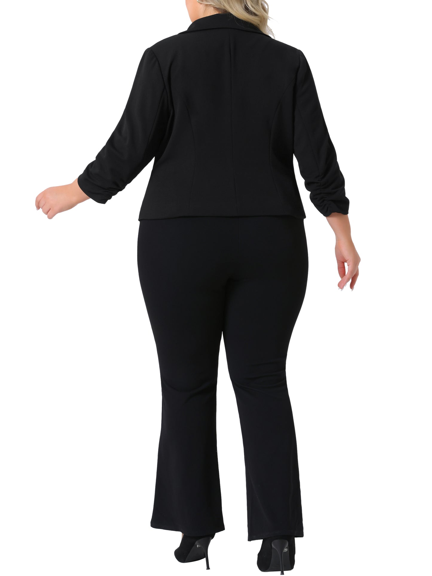 Women Plus Size Casual Blazers 3/4 Ruched Sleeve Notch Lapel Work Office Lightweight Crop Suit Blazer