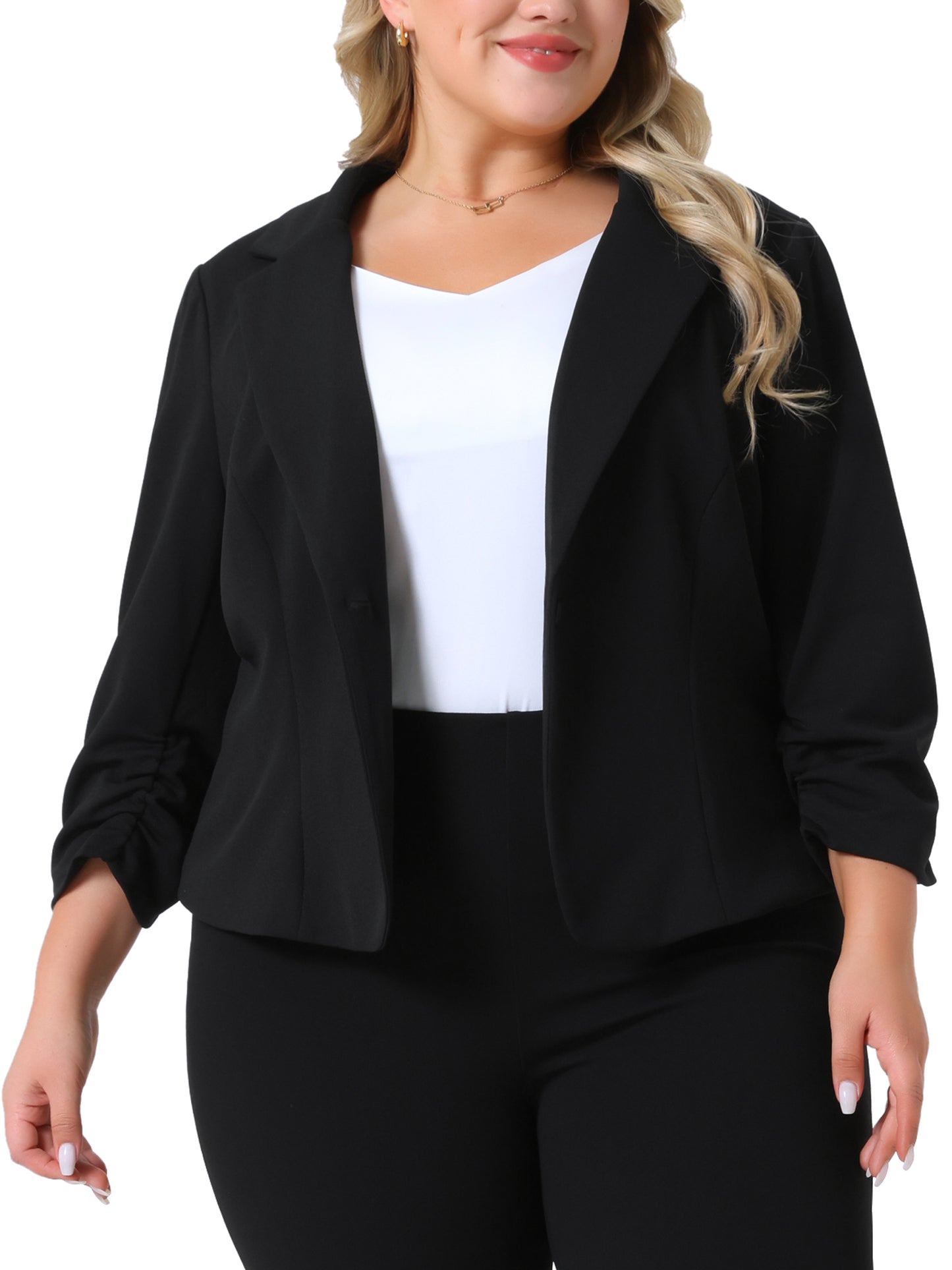 Women Plus Size Casual Blazers 3/4 Ruched Sleeve Notch Lapel Work Office Lightweight Crop Suit Blazer