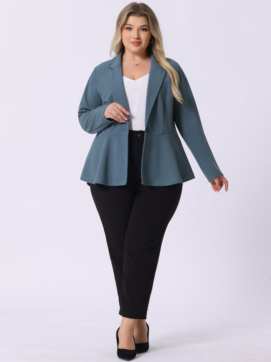 Blazer de talla grande para mujer, con volantes, cuello en V, manga larga, panel con muescas, botones, peplum, para oficina y trabajo