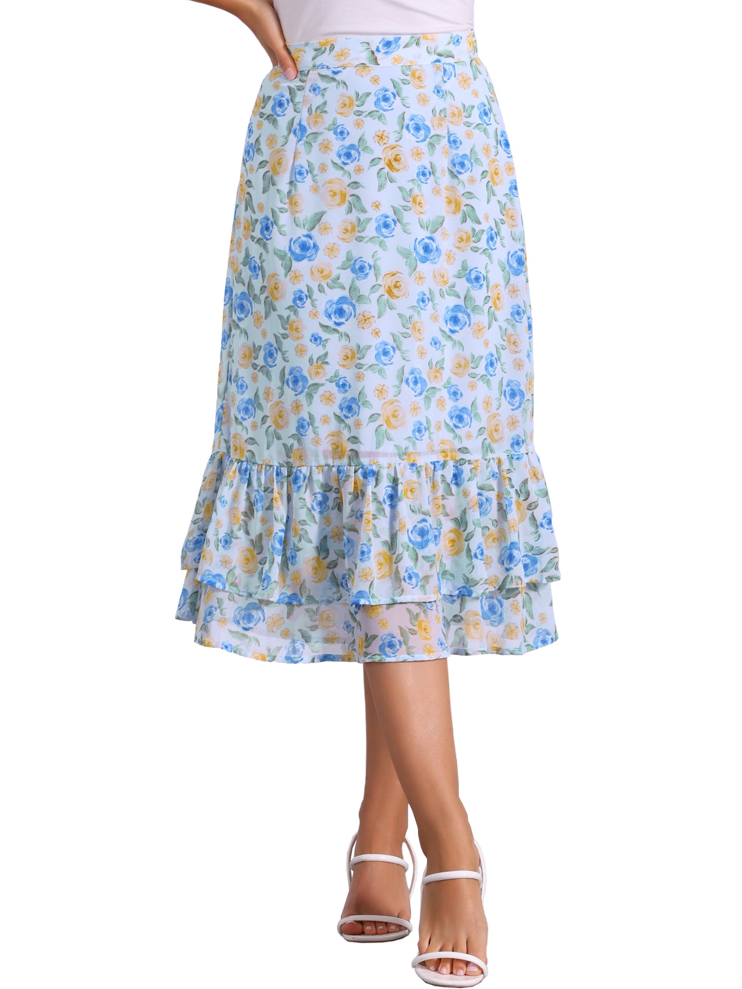 Women's Printed Skirt Summer Chiffon Ruffle Tiered Flowy Midi Skirt