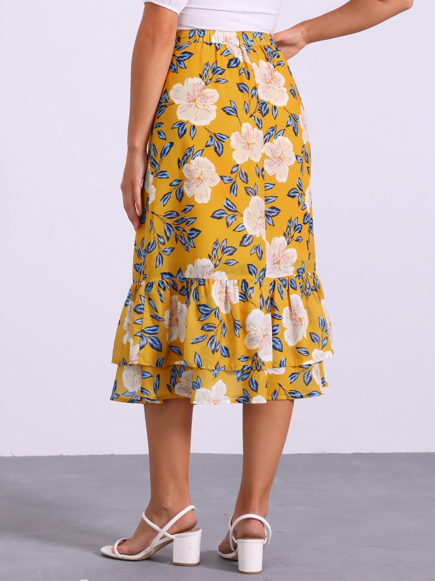 Women's Printed Skirt Summer Chiffon Ruffle Tiered Flowy Midi Skirt