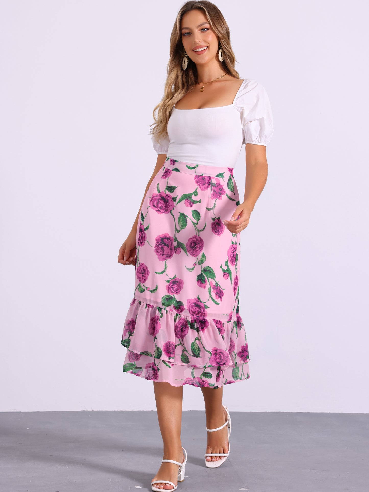 Falda midi holgada de gasa con volantes y estampado de verano para mujer