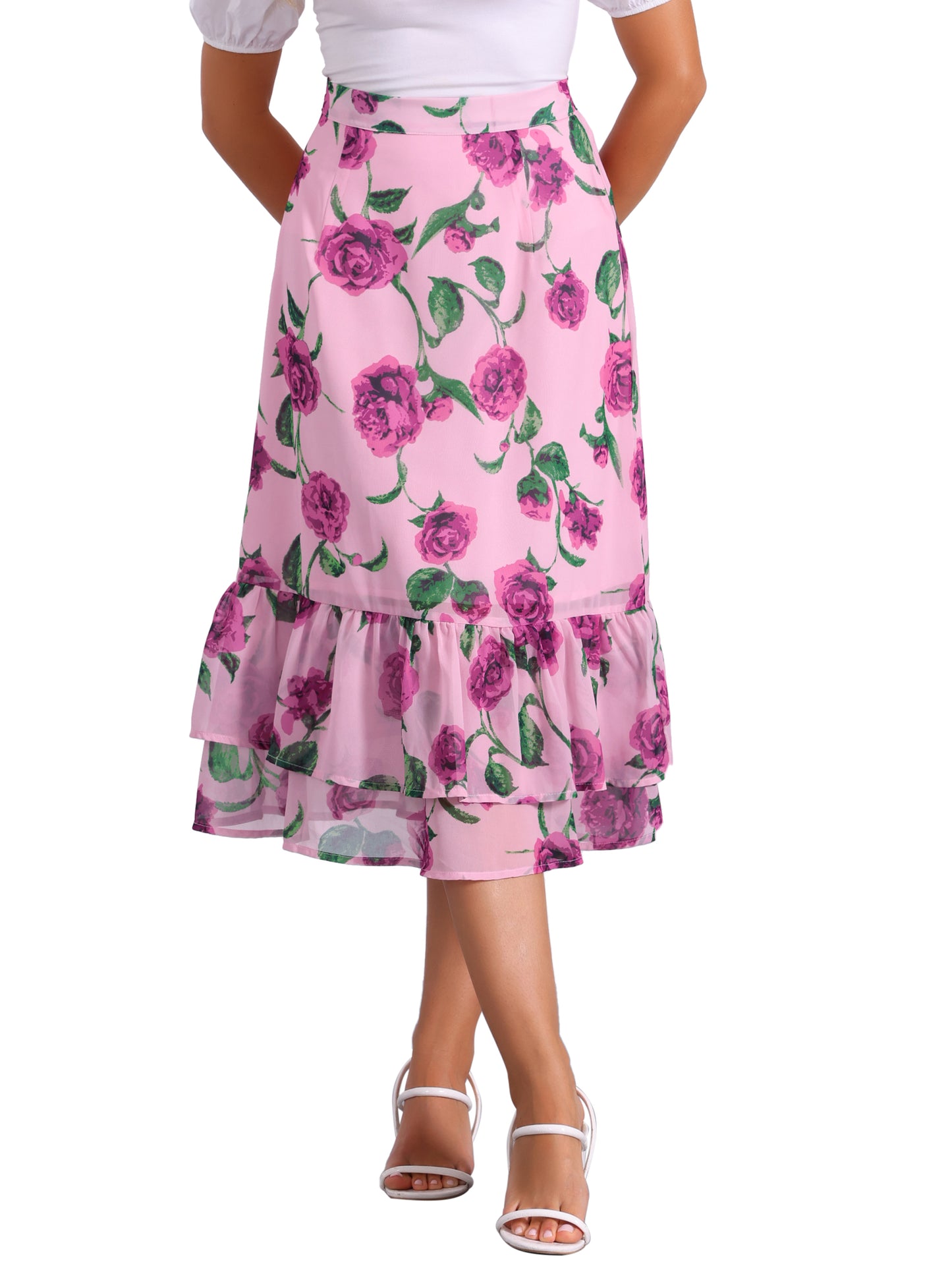 Falda midi holgada de gasa con volantes y estampado de verano para mujer