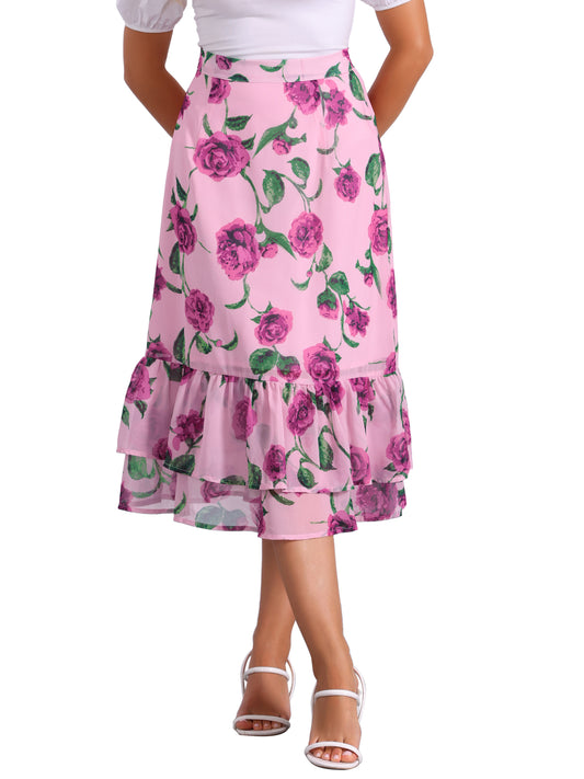 Falda midi holgada de gasa con volantes y estampado de verano para mujer