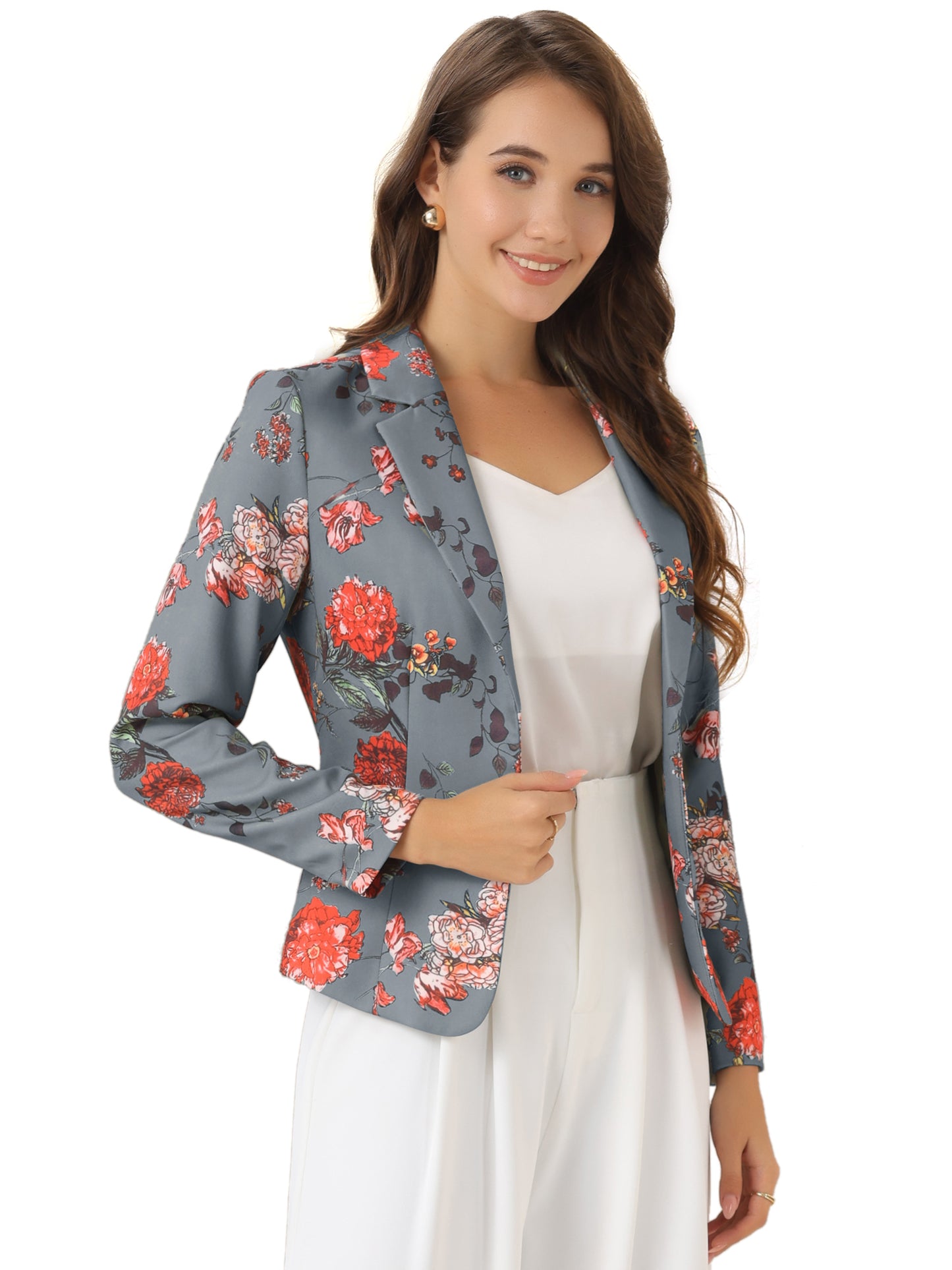 Women's Fitted Blazer Notch Lapel Printed Open Front Suit Jacket (Available in Plus Size)