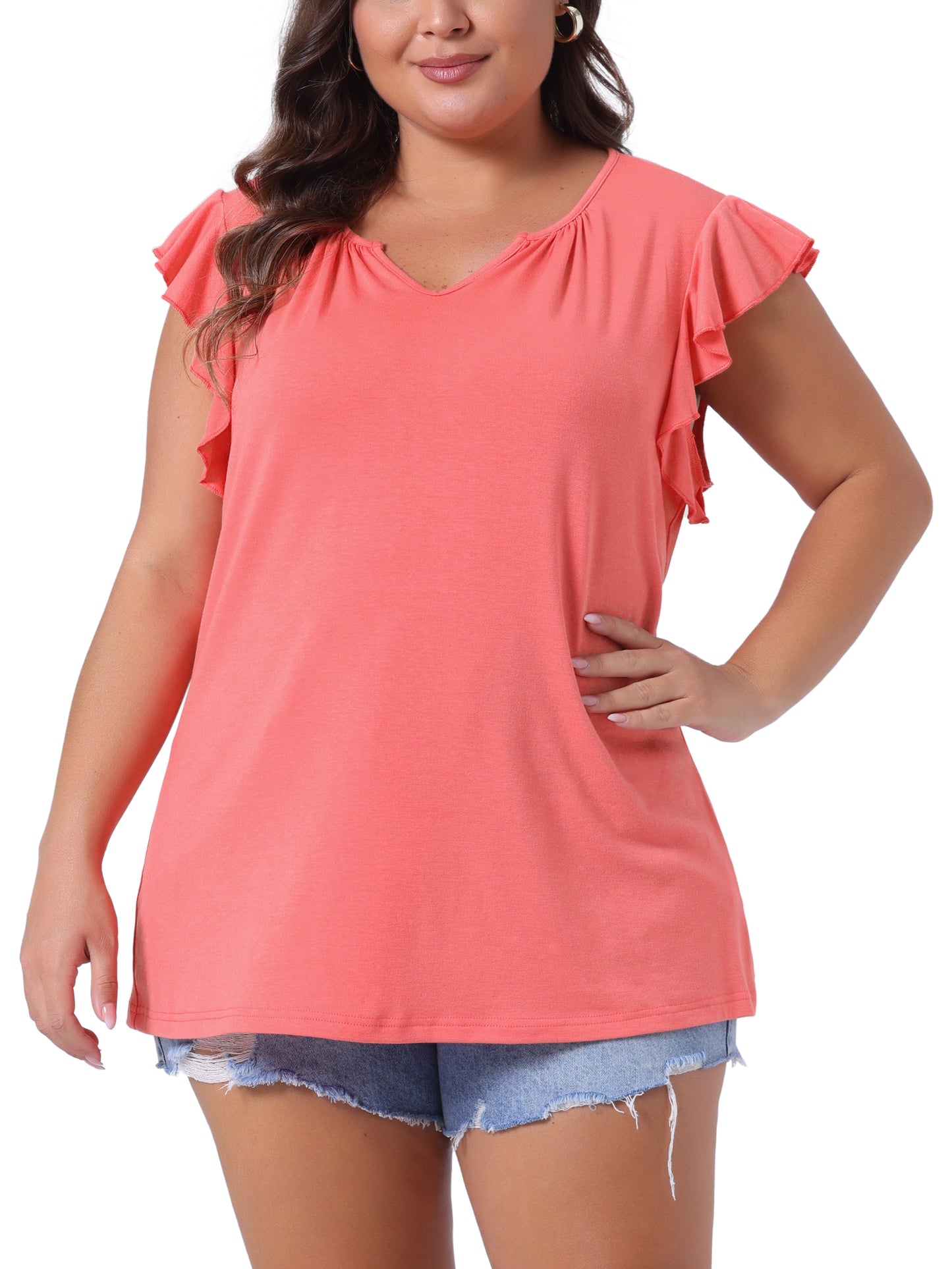 Women's Plus Size V Neck Ruffle Sleeveless Top Summer Blouse Tank