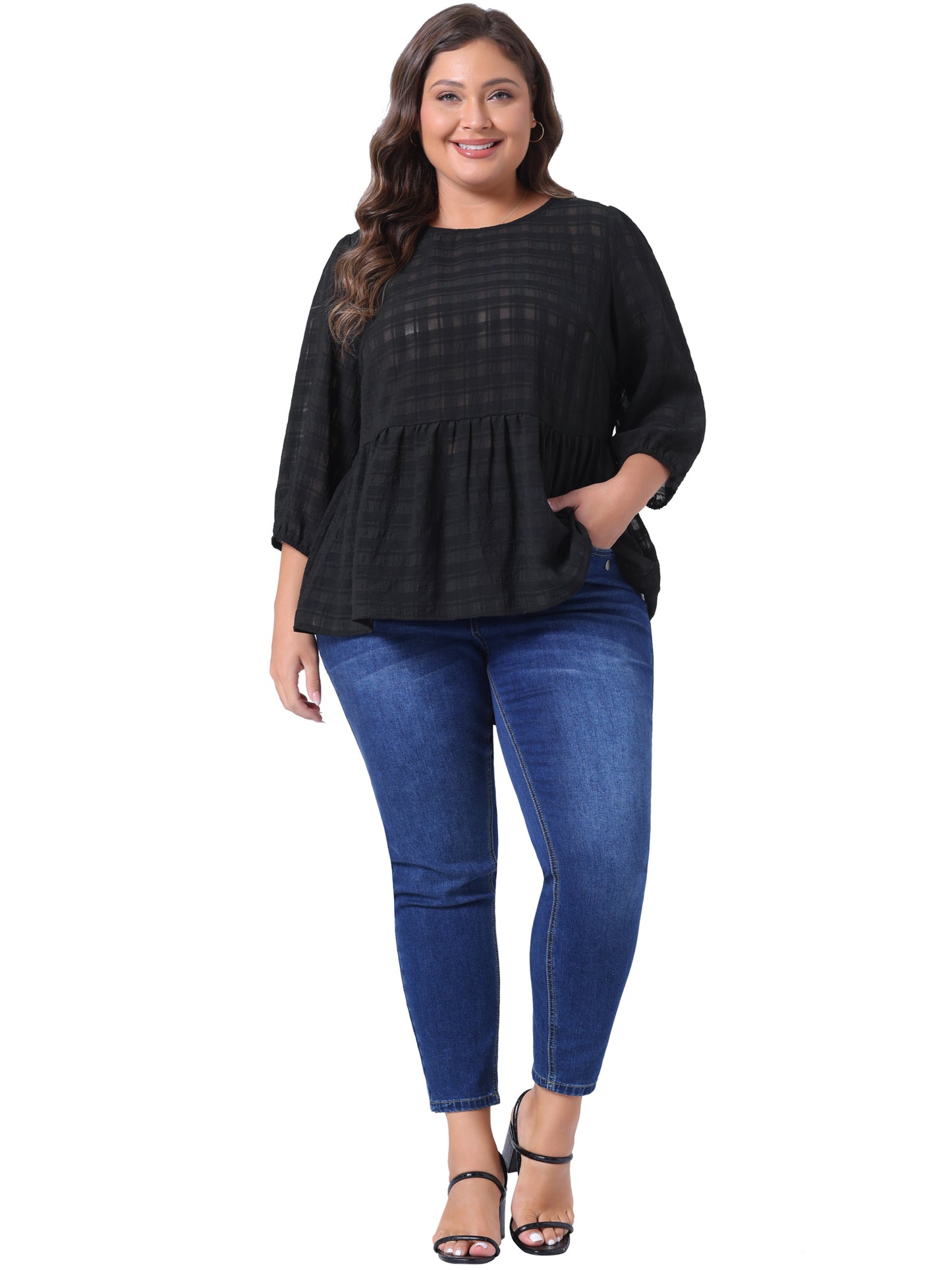 Women Plus Size Babydoll Blouse Round Neck 3/4 Puff Sleeve Tiered Lace Peplum Top
