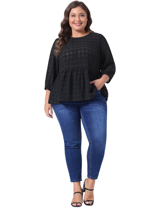 Women Plus Size Babydoll Blouse Round Neck 3/4 Puff Sleeve Tiered Lace Peplum Top