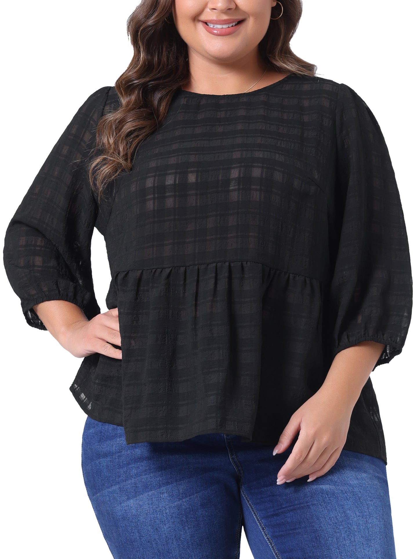 Women Plus Size Babydoll Blouse Round Neck 3/4 Puff Sleeve Tiered Lace Peplum Top