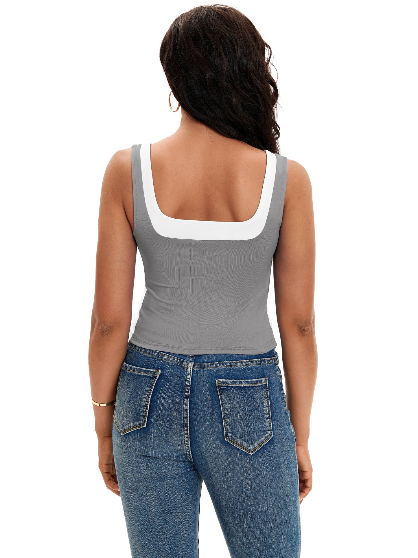 Top corto sin mangas con cuello cuadrado para mujer, corte ajustado, camiseta sin mangas con bloques de color