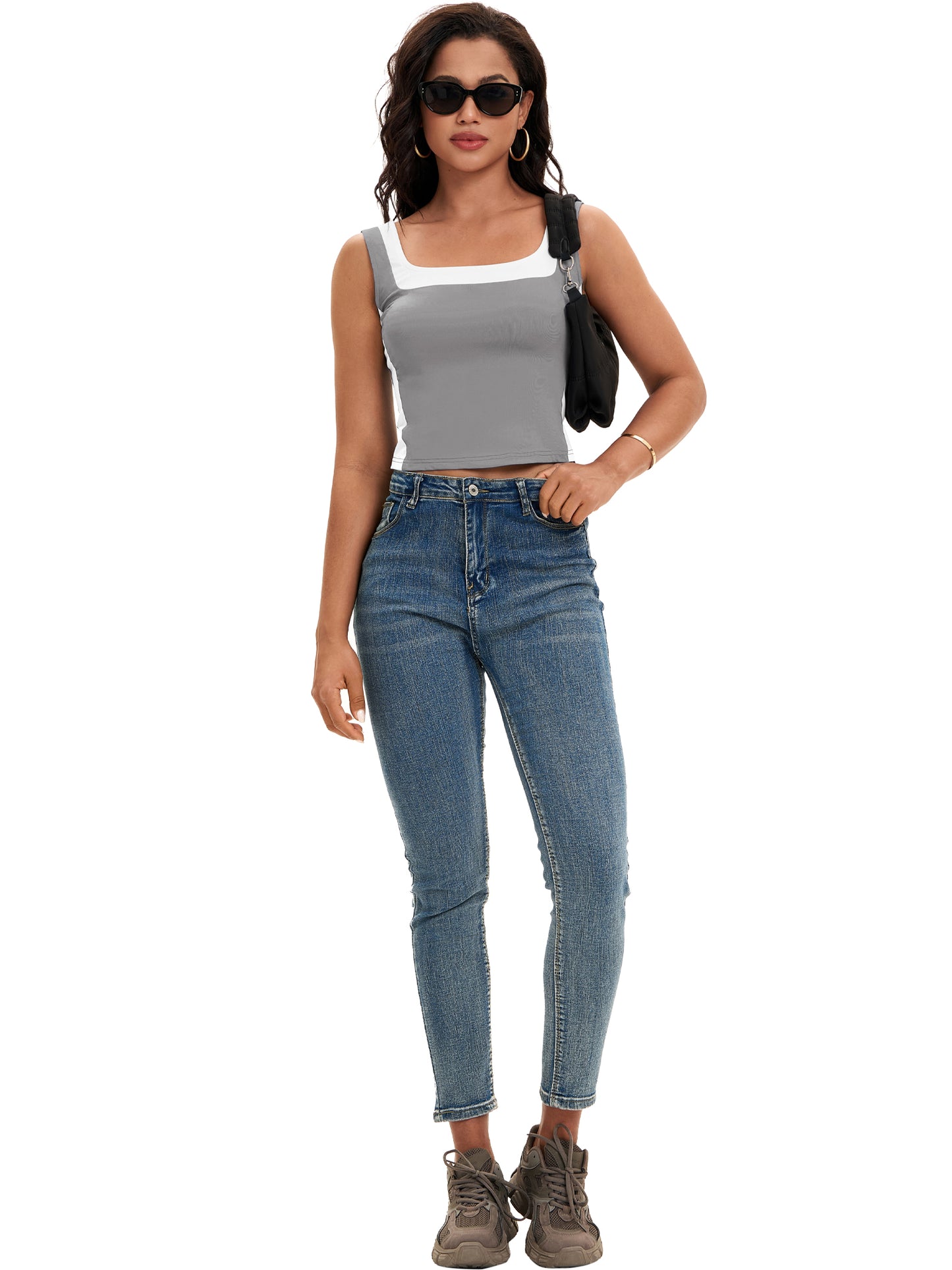 Top corto sin mangas con cuello cuadrado para mujer, corte ajustado, camiseta sin mangas con bloques de color
