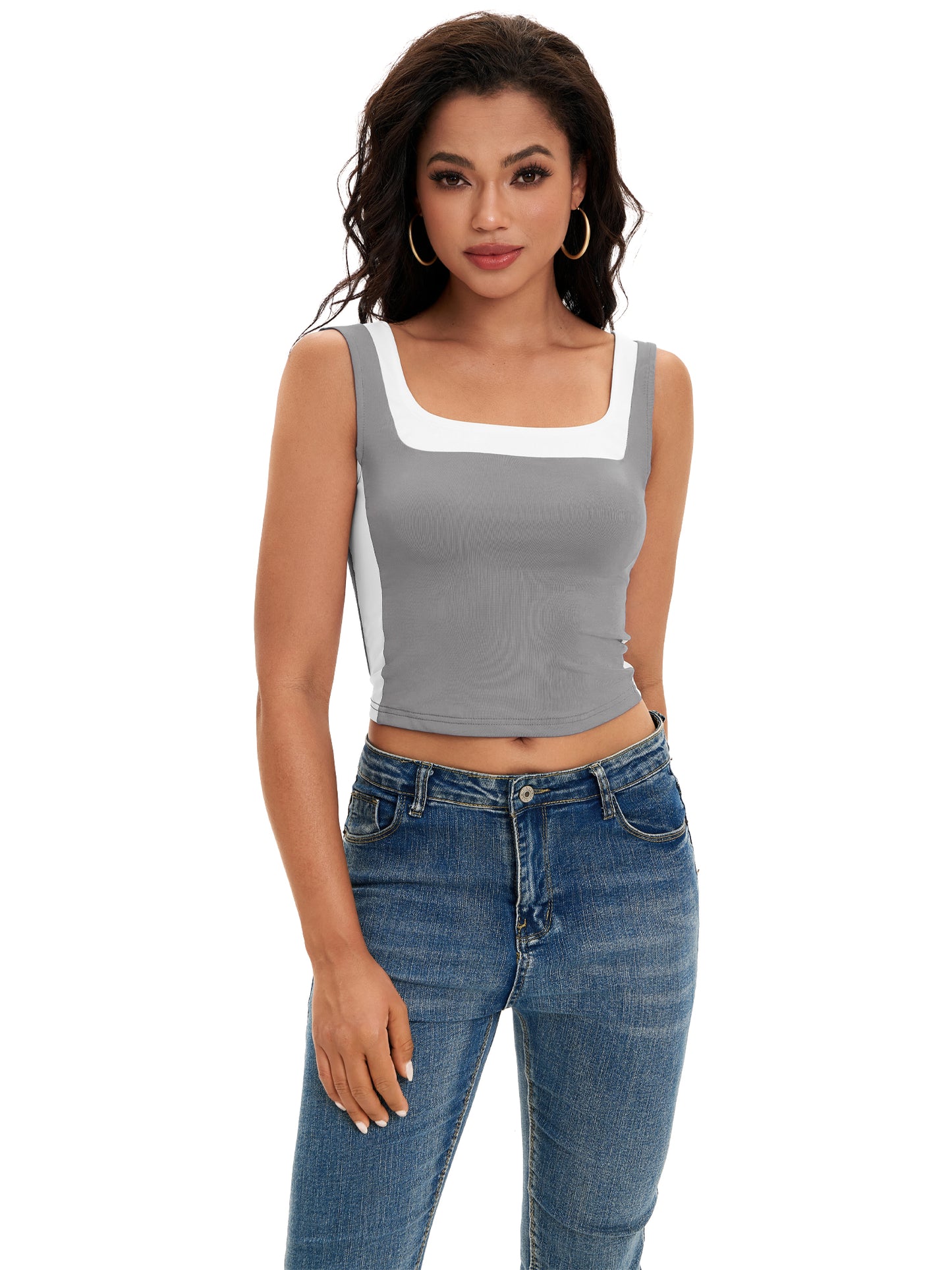 Top corto sin mangas con cuello cuadrado para mujer, corte ajustado, camiseta sin mangas con bloques de color
