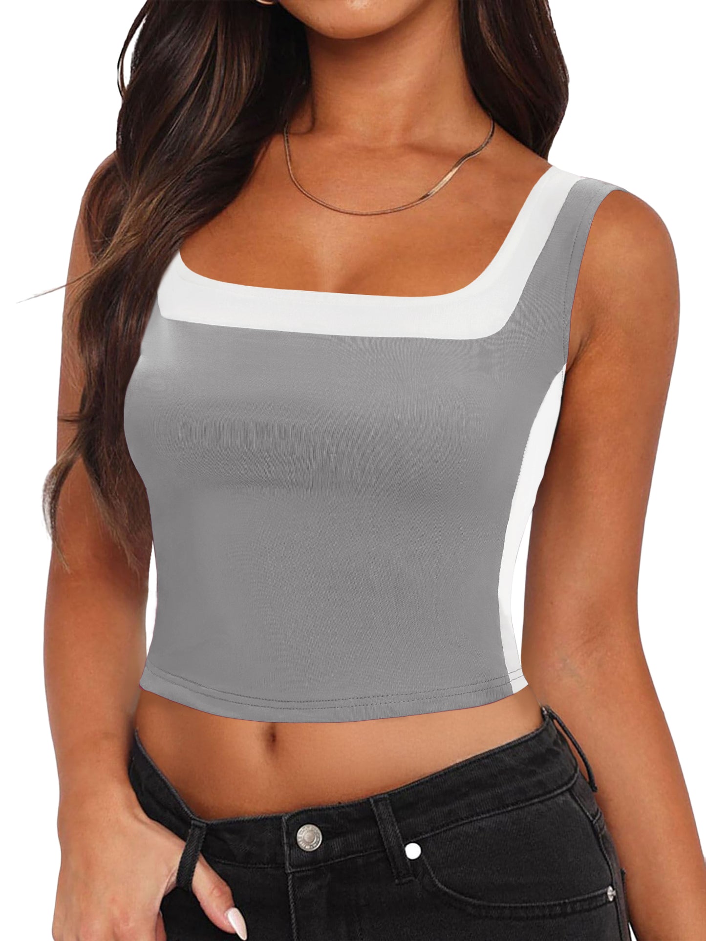 Top corto sin mangas con cuello cuadrado para mujer, corte ajustado, camiseta sin mangas con bloques de color