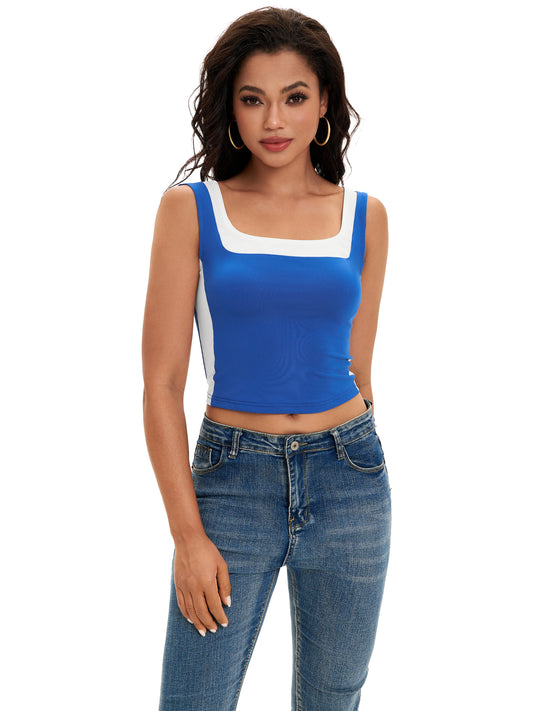 Women Sleeveless Square Neck Crop Top Slim Fit Color Block Tank Top