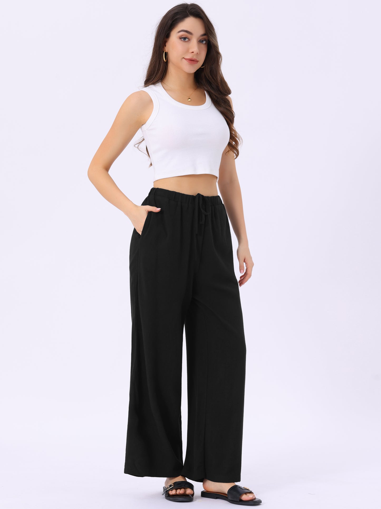 Women's Linen Palazzo Pants Summer Flowy Wide Leg Casual Vacaction Beach Trousers with Pockets